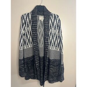 Lucky Brand Black White Geometric Knit Open Cardigan Women's L Boho Tribal‎ Cozy